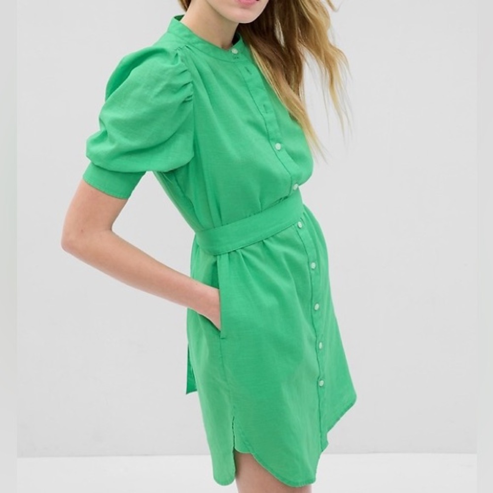 NWT - Gap Puff Sleeve Linen Blend Mini Shirtdress in Jamaica Green Size Medium